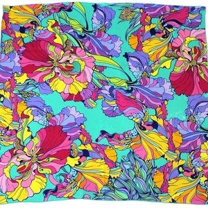 100% silk square scarf floral wrap "Iris" - turquoise, teal printed